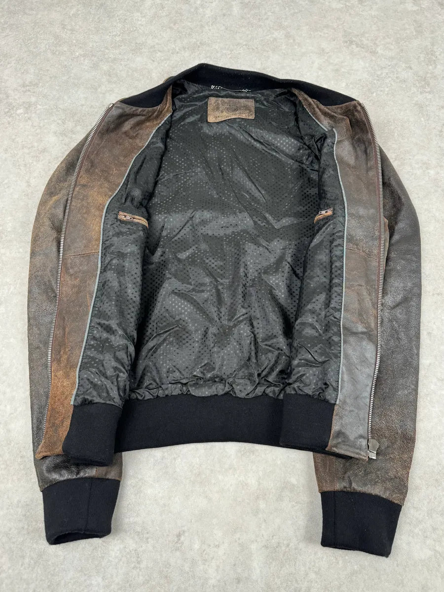 2000s Dolce & Gabbana Raw Brown Leather Bomber Jacket YYhkMbJ 8
