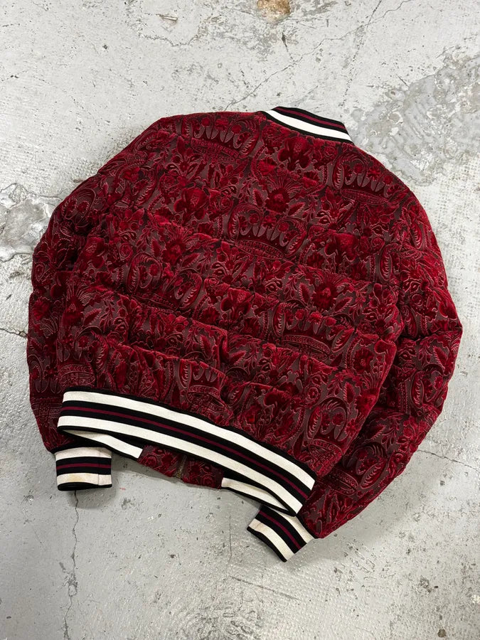 2010s Dolce & Gabbana Red Baroque Pattern Velvet Puffer Jacket vOFAURz 5