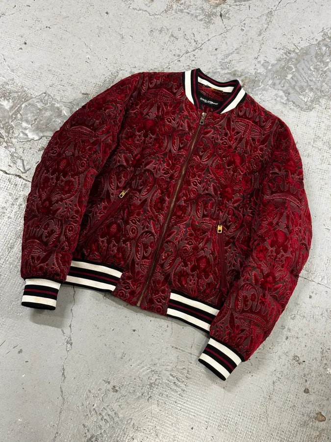 2010s Dolce & Gabbana Red Baroque Pattern Velvet Puffer Jacket vOFAURz 4