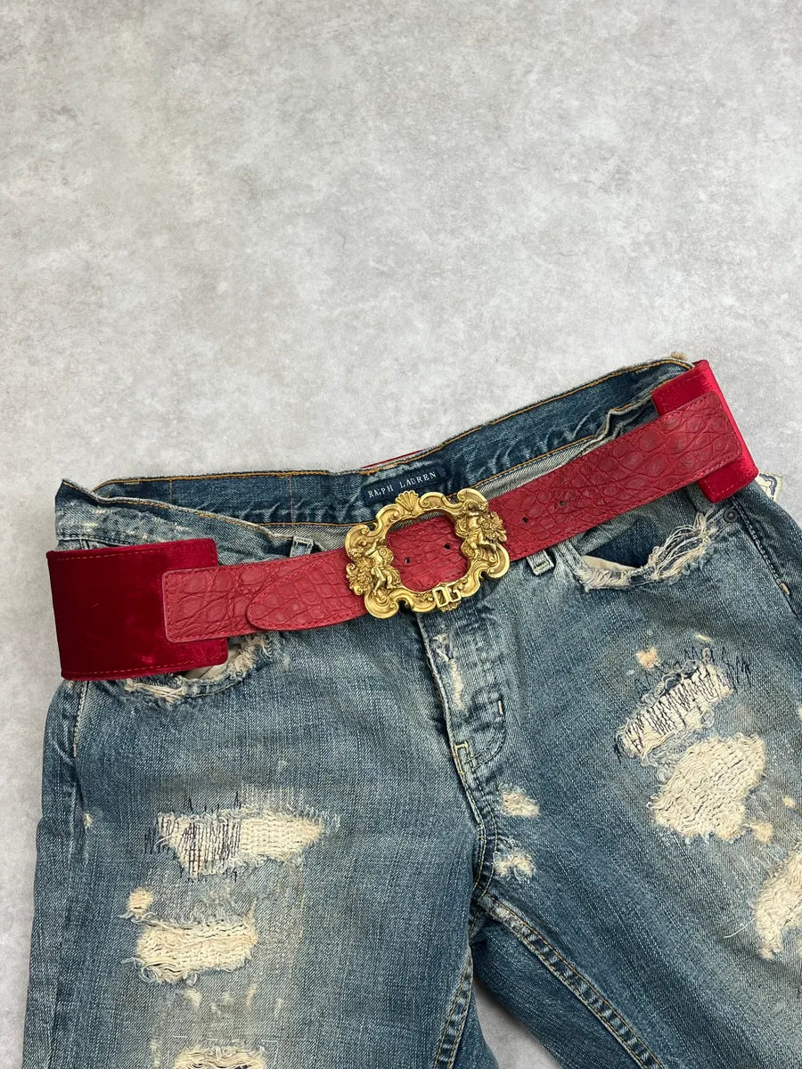 AW2006 Dolce & Gabbana Red Hybrid Velvet & Leather Scales Effect Belt lnjZXUU 0