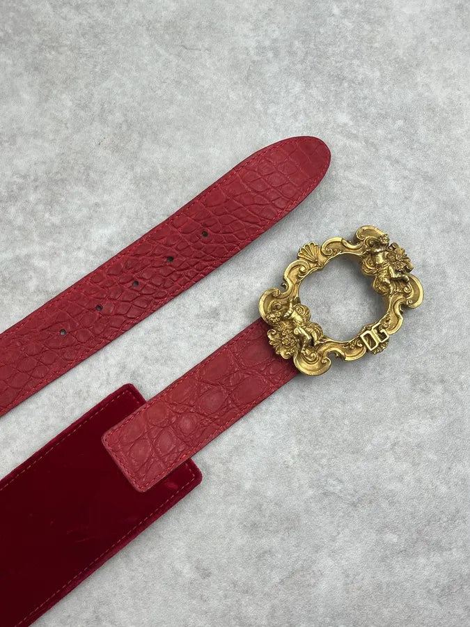 AW2006 Dolce & Gabbana Red Hybrid Velvet & Leather Scales Effect Belt lnjZXUU 4