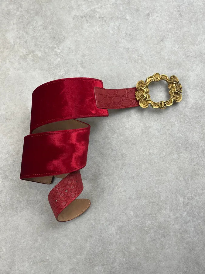AW2006 Dolce & Gabbana Red Hybrid Velvet & Leather Scales Effect Belt lnjZXUU 1