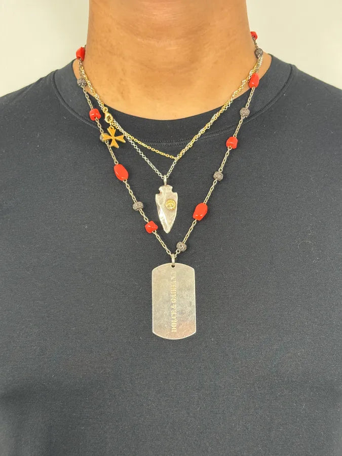 2000s Dolce & Gabbana Red Pearls Dog Tag Silver Necklace jeAMEEx 1