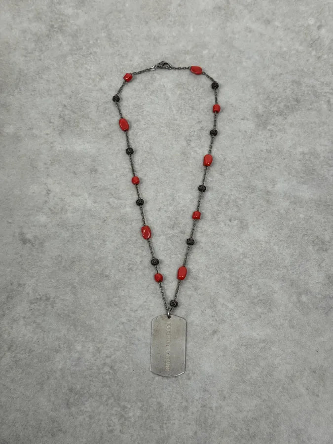 2000s Dolce & Gabbana Red Pearls Dog Tag Silver Necklace jeAMEEx 2