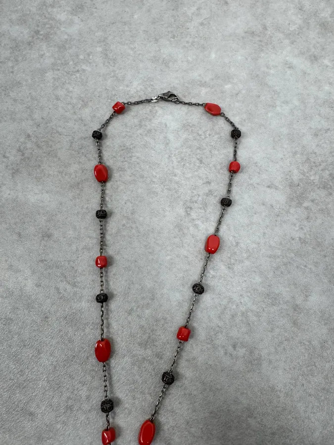 2000s Dolce & Gabbana Red Pearls Dog Tag Silver Necklace jeAMEEx 4