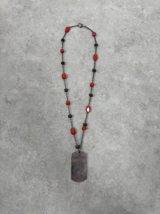 2000s Dolce & Gabbana Red Pearls Dog Tag Silver Necklace jeAMEEx 5