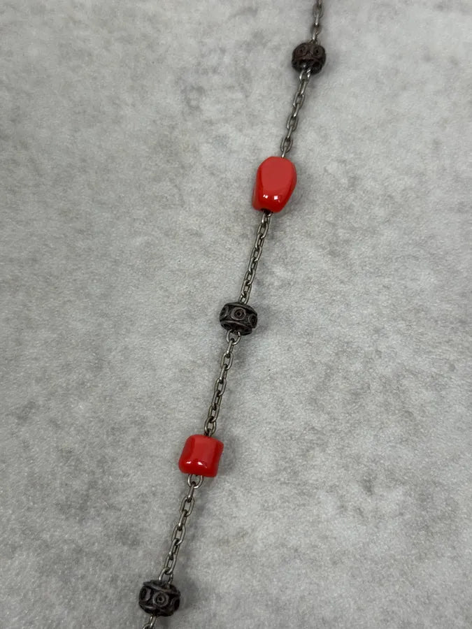 2000s Dolce & Gabbana Red Pearls Dog Tag Silver Necklace jeAMEEx 7