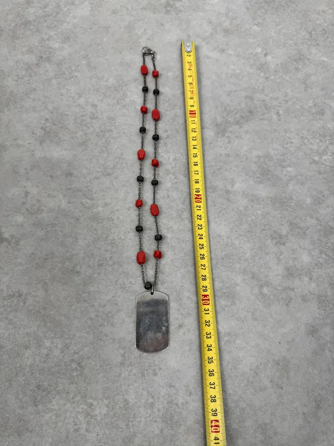 2000s Dolce & Gabbana Red Pearls Dog Tag Silver Necklace jeAMEEx 8