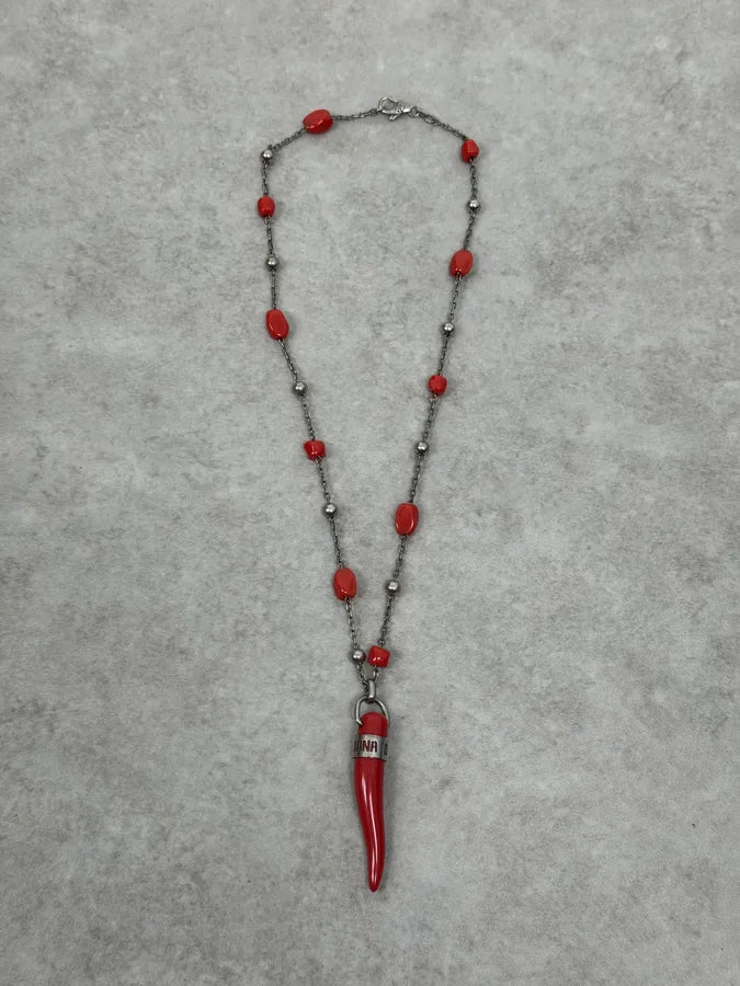 2000s Dolce & Gabbana Red Pearls Tooth Silver Necklace WoWefaM 0