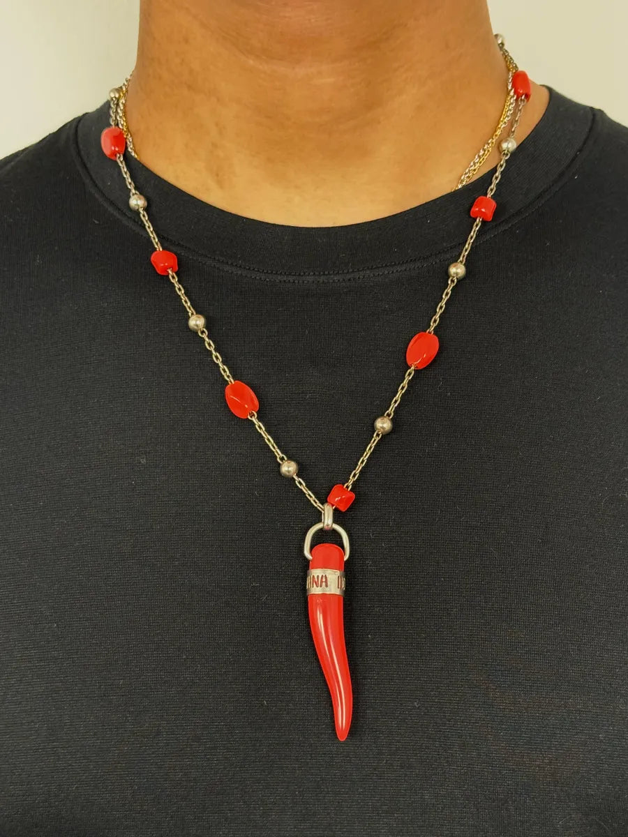 2000s Dolce & Gabbana Red Pearls Tooth Silver Necklace WoWefaM 1