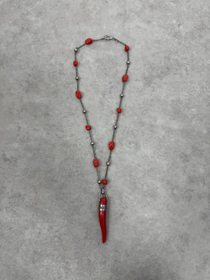 2000s Dolce & Gabbana Red Pearls Tooth Silver Necklace WoWefaM 2