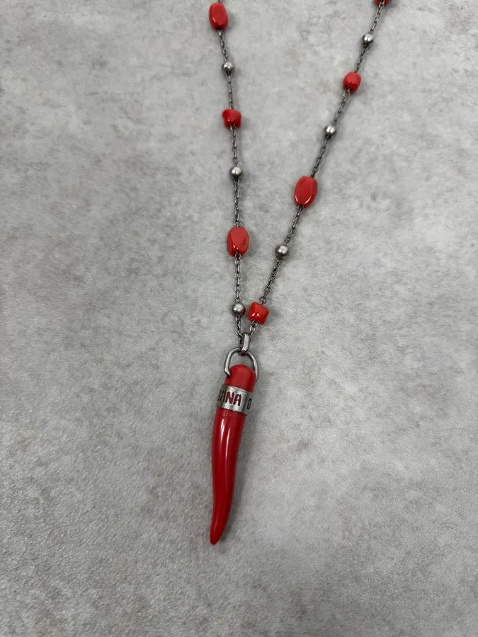2000s Dolce & Gabbana Red Pearls Tooth Silver Necklace WoWefaM 3
