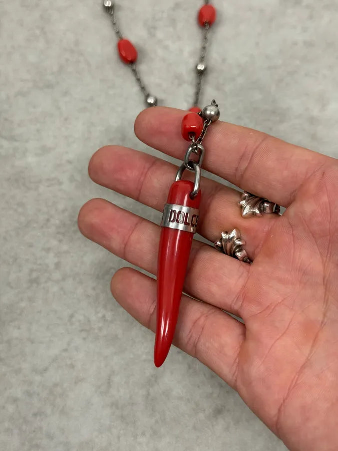 2000s Dolce & Gabbana Red Pearls Tooth Silver Necklace WoWefaM 4