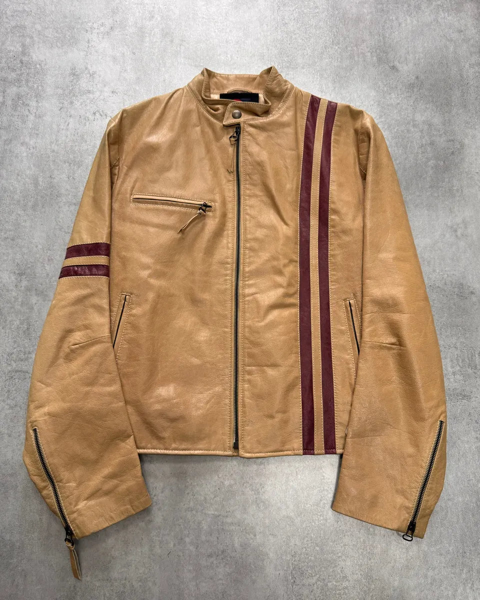 2000s Dolce & Gabbana Red Stripes Beige Leather Biker Jacket (M) XVfEqUC 1