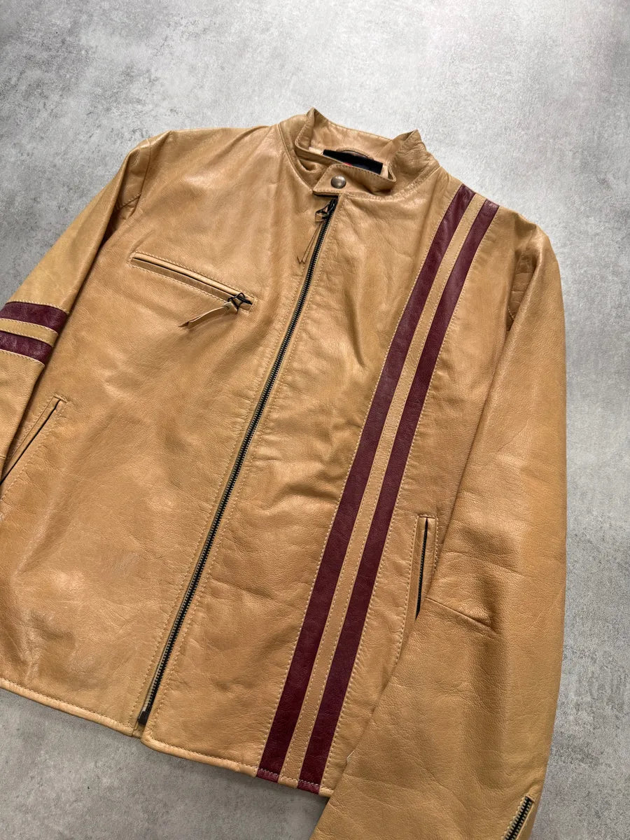 2000s Dolce & Gabbana Red Stripes Beige Leather Biker Jacket (M) XVfEqUC 6