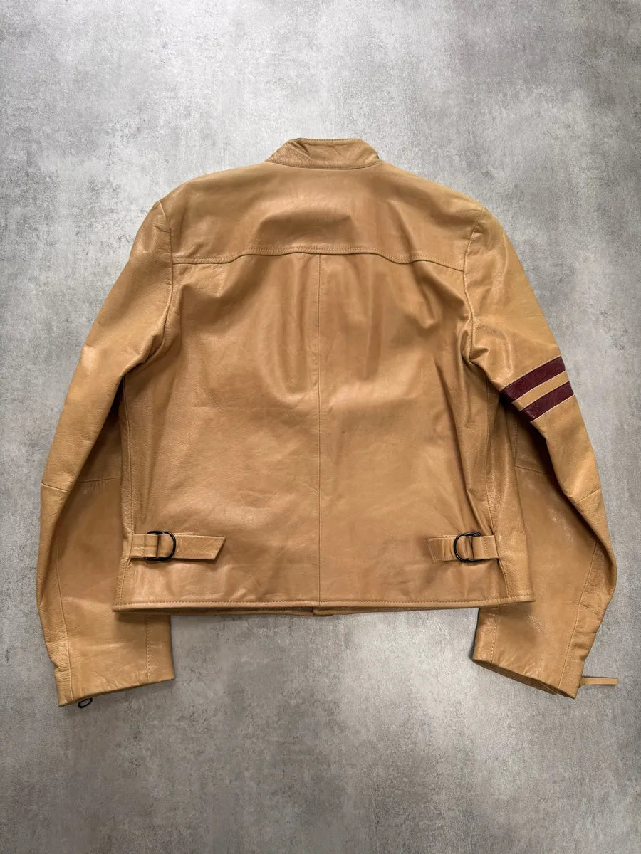 2000s Dolce & Gabbana Red Stripes Beige Leather Biker Jacket (M) XVfEqUC 3