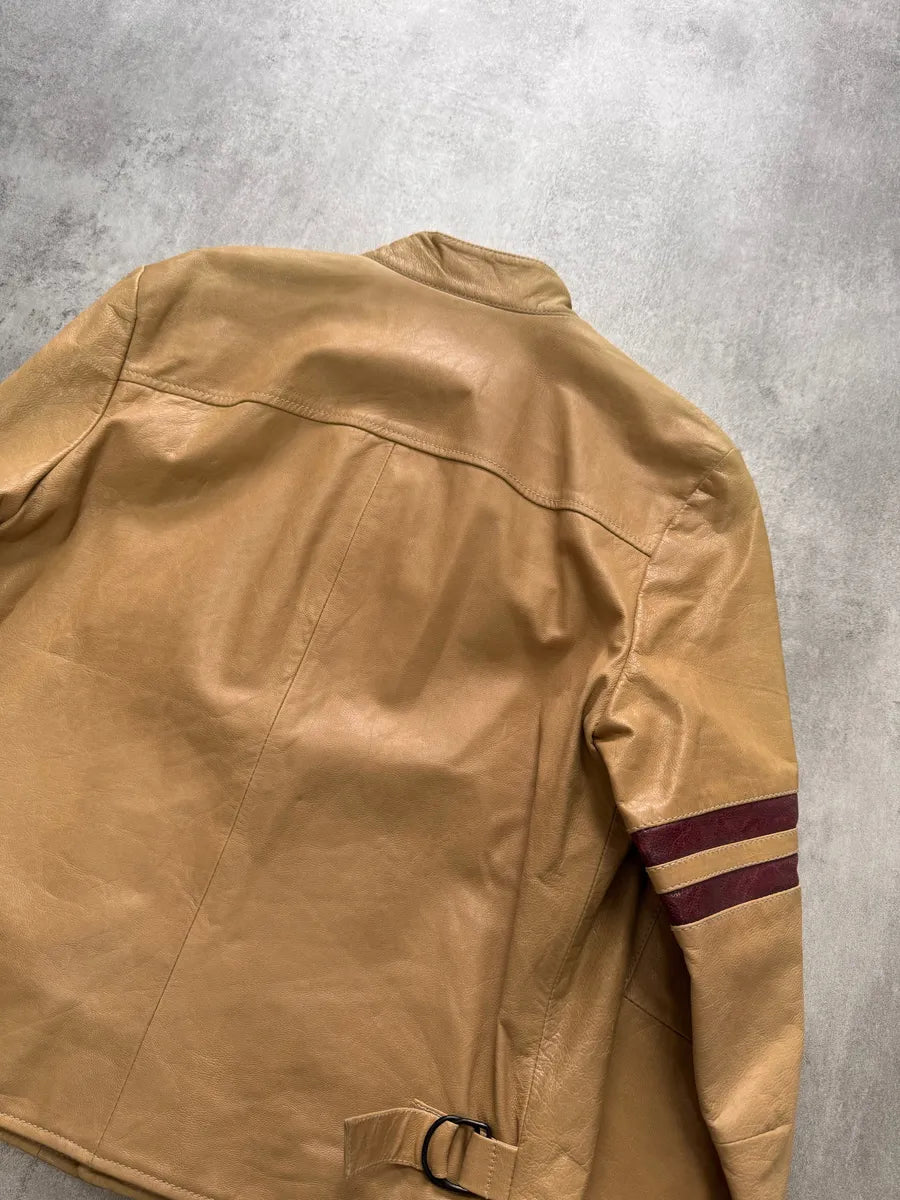 2000s Dolce & Gabbana Red Stripes Beige Leather Biker Jacket (M) XVfEqUC 8