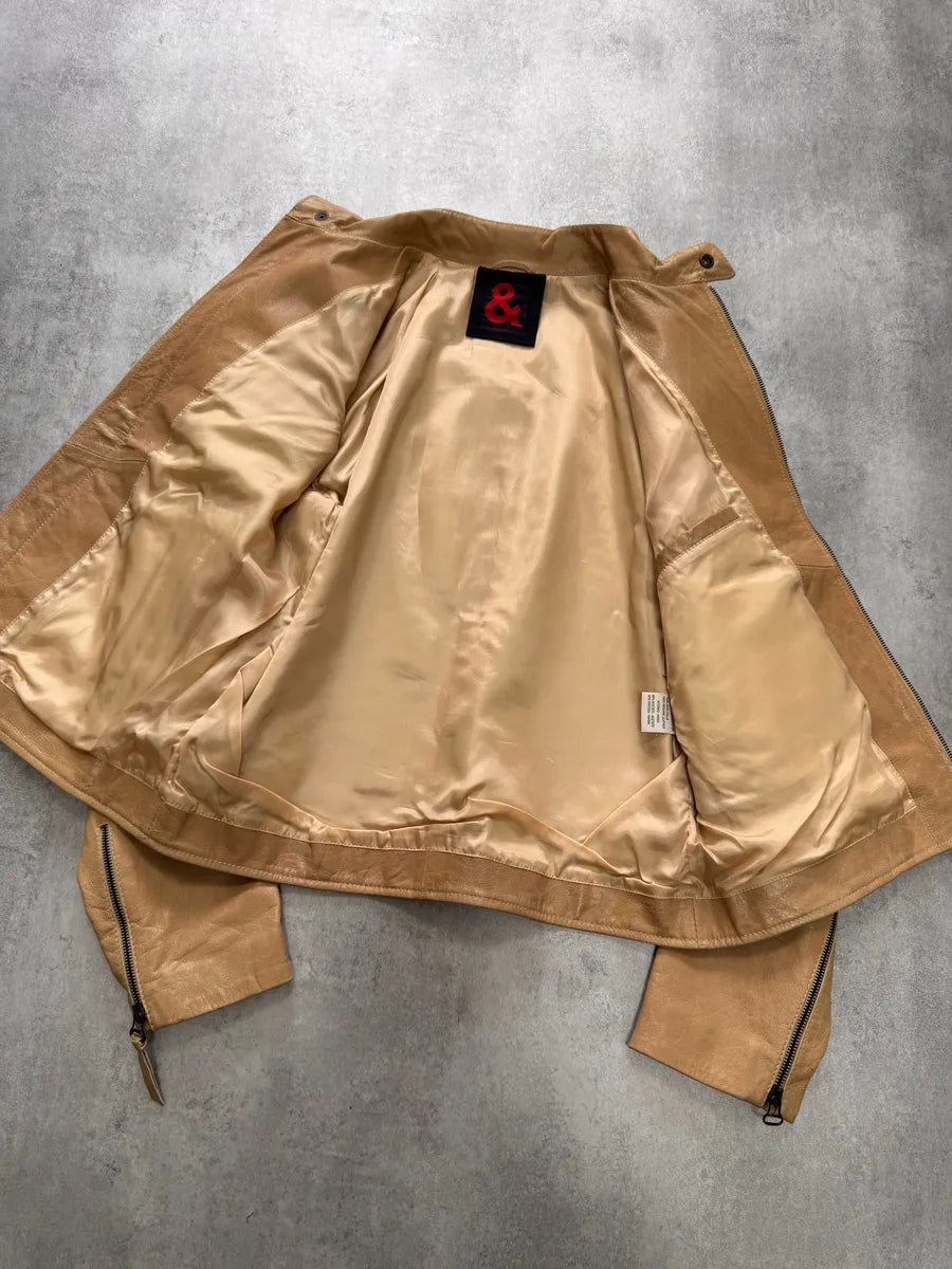 2000s Dolce & Gabbana Red Stripes Beige Leather Biker Jacket (M) XVfEqUC 4