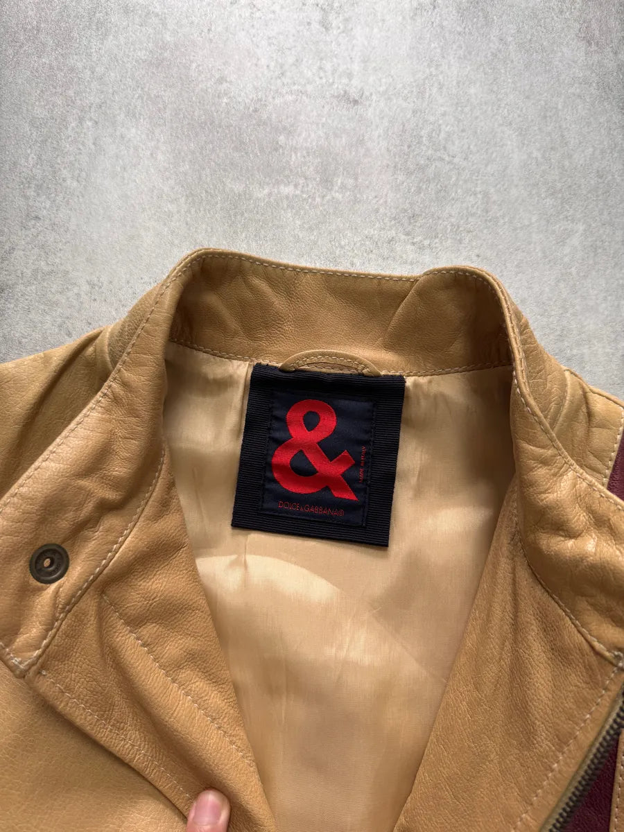 2000s Dolce & Gabbana Red Stripes Beige Leather Biker Jacket (M) XVfEqUC 5