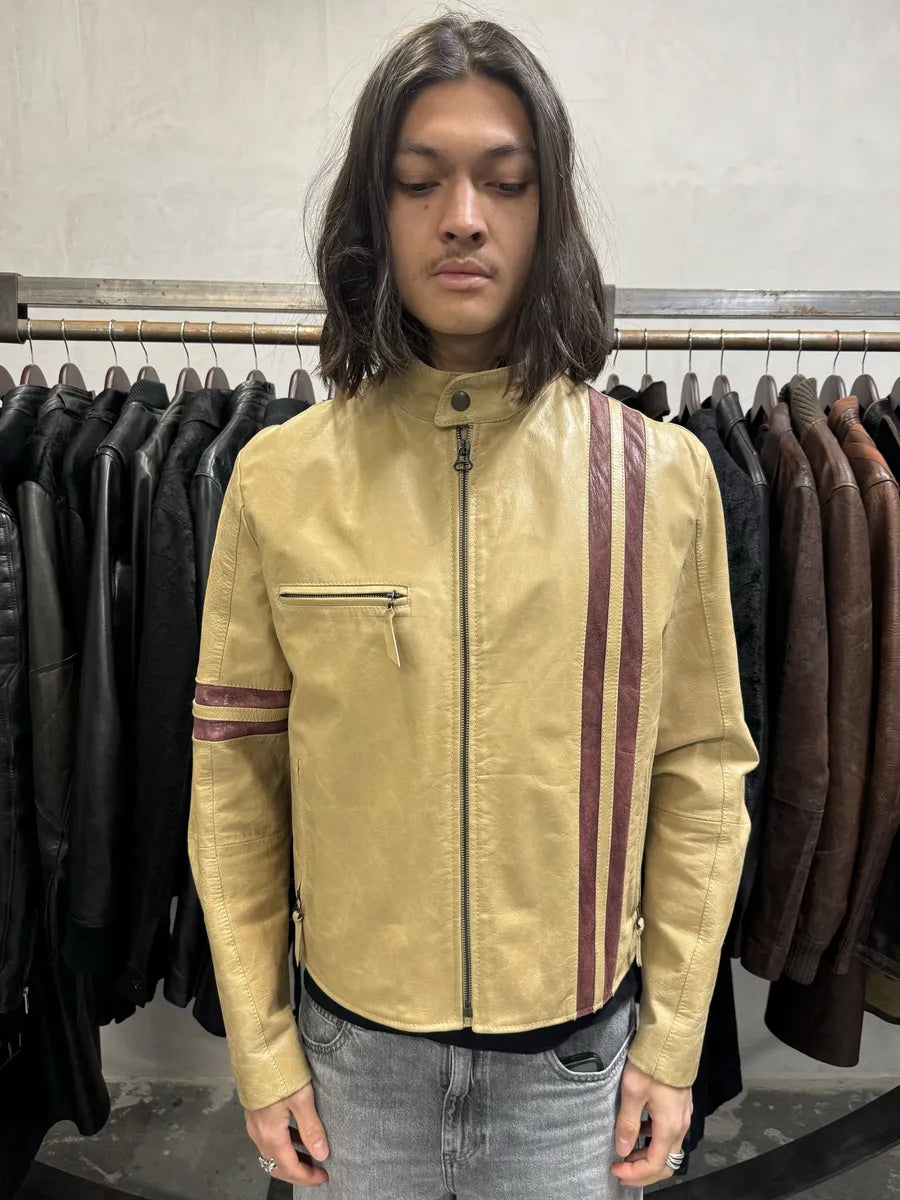 2000s Dolce & Gabbana Red Stripes Beige Leather Biker Jacket (M) XVfEqUC 0