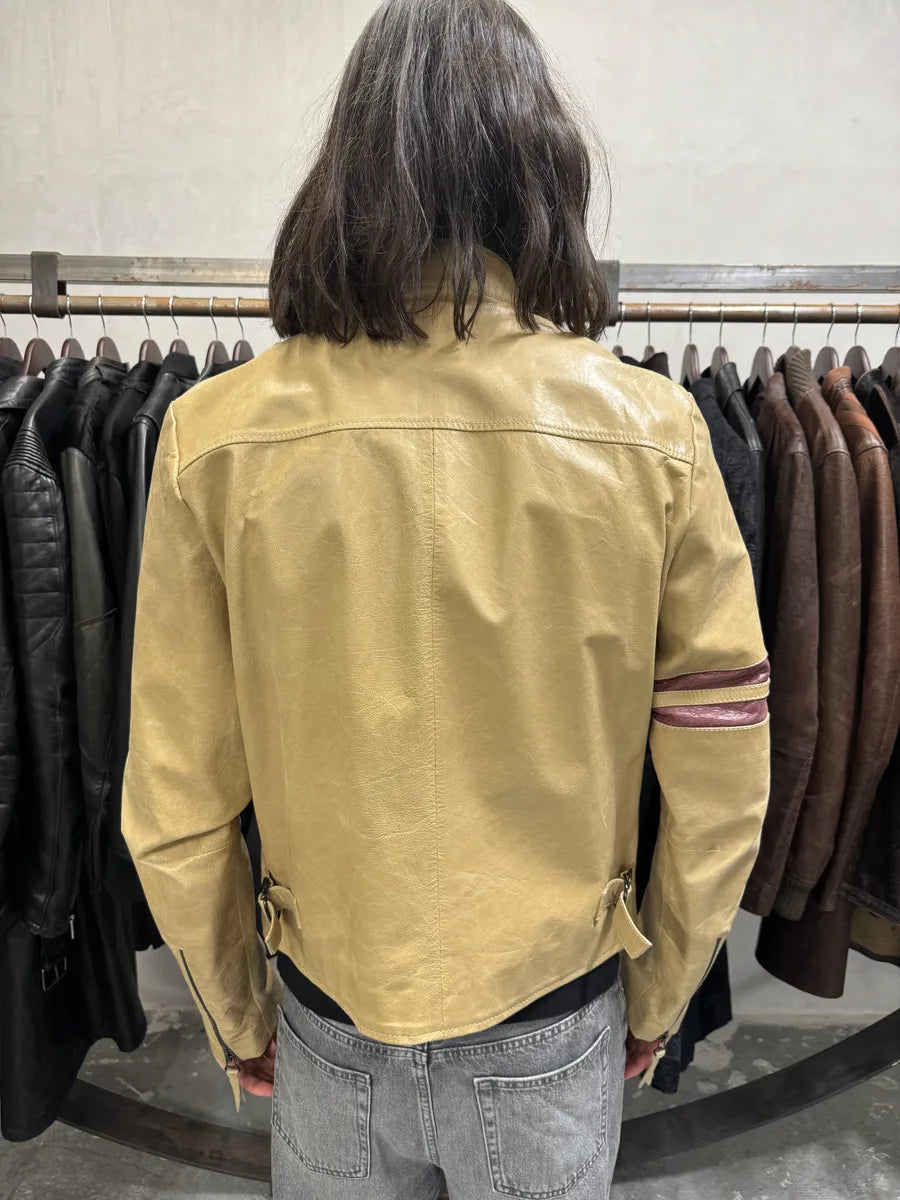 2000s Dolce & Gabbana Red Stripes Beige Leather Biker Jacket (M) XVfEqUC 2