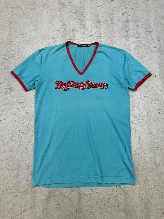 2000s Dolce & Gabbana Rolling Stone Turquoise Blue V Neck T-Shirt cjHdFsC 0