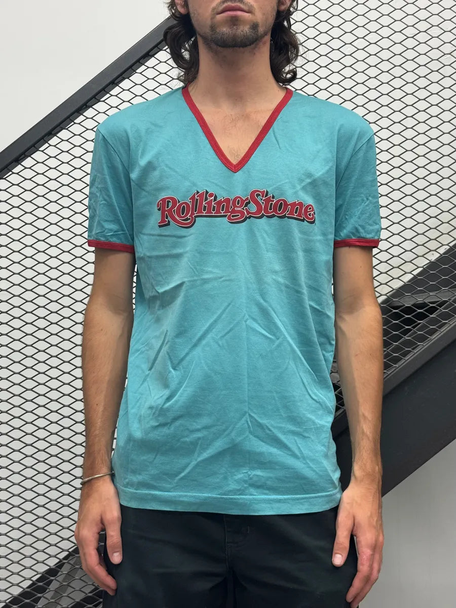 2000s Dolce & Gabbana Rolling Stone Turquoise Blue V Neck T-Shirt cjHdFsC 1