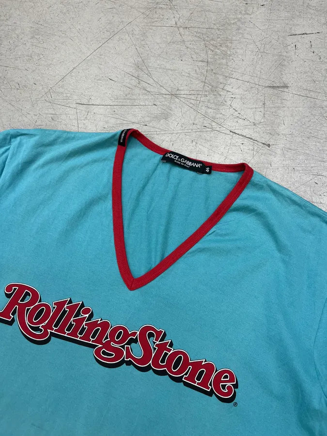 2000s Dolce & Gabbana Rolling Stone Turquoise Blue V Neck T-Shirt cjHdFsC 3