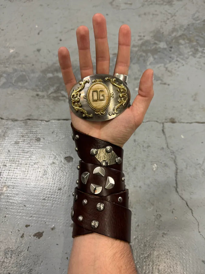 2000s Dolce & Gabbana Royal Golden Studded Brown Leather Belt dUUEgpF 0