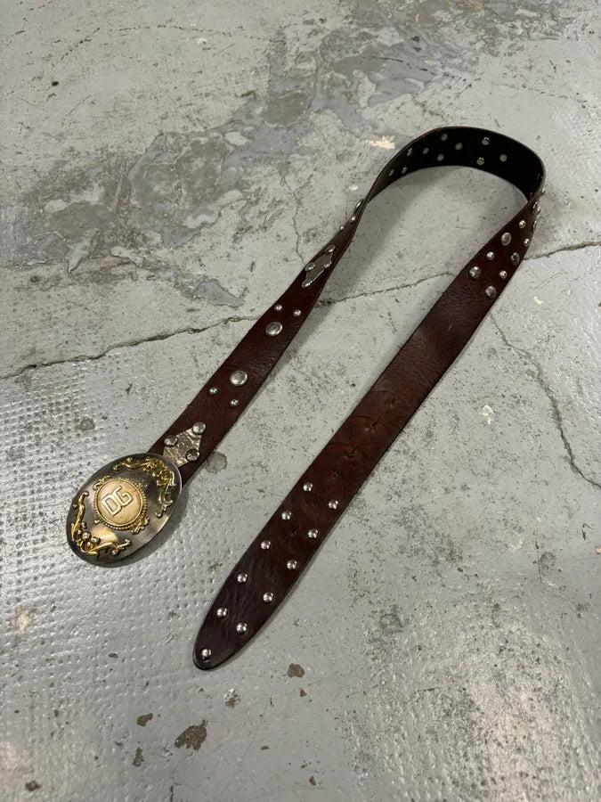2000s Dolce & Gabbana Royal Golden Studded Brown Leather Belt dUUEgpF 2