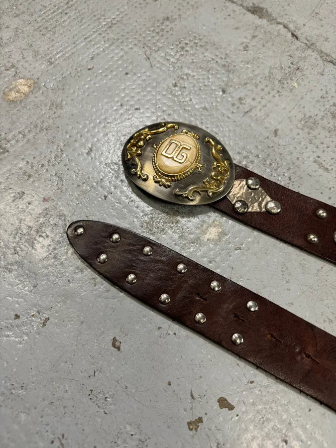 2000s Dolce & Gabbana Royal Golden Studded Brown Leather Belt dUUEgpF 3