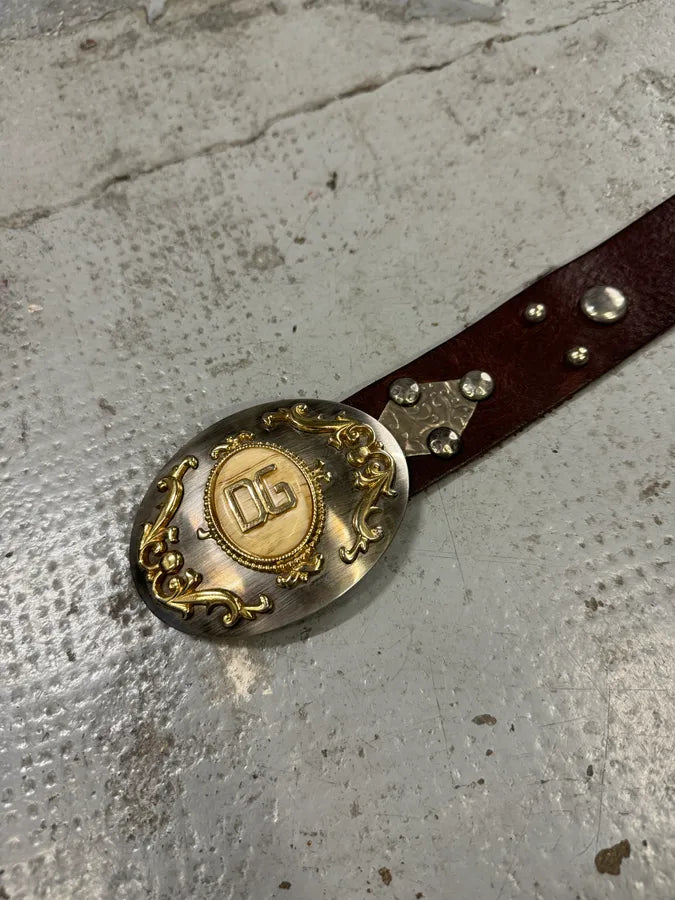 2000s Dolce & Gabbana Royal Golden Studded Brown Leather Belt dUUEgpF 4