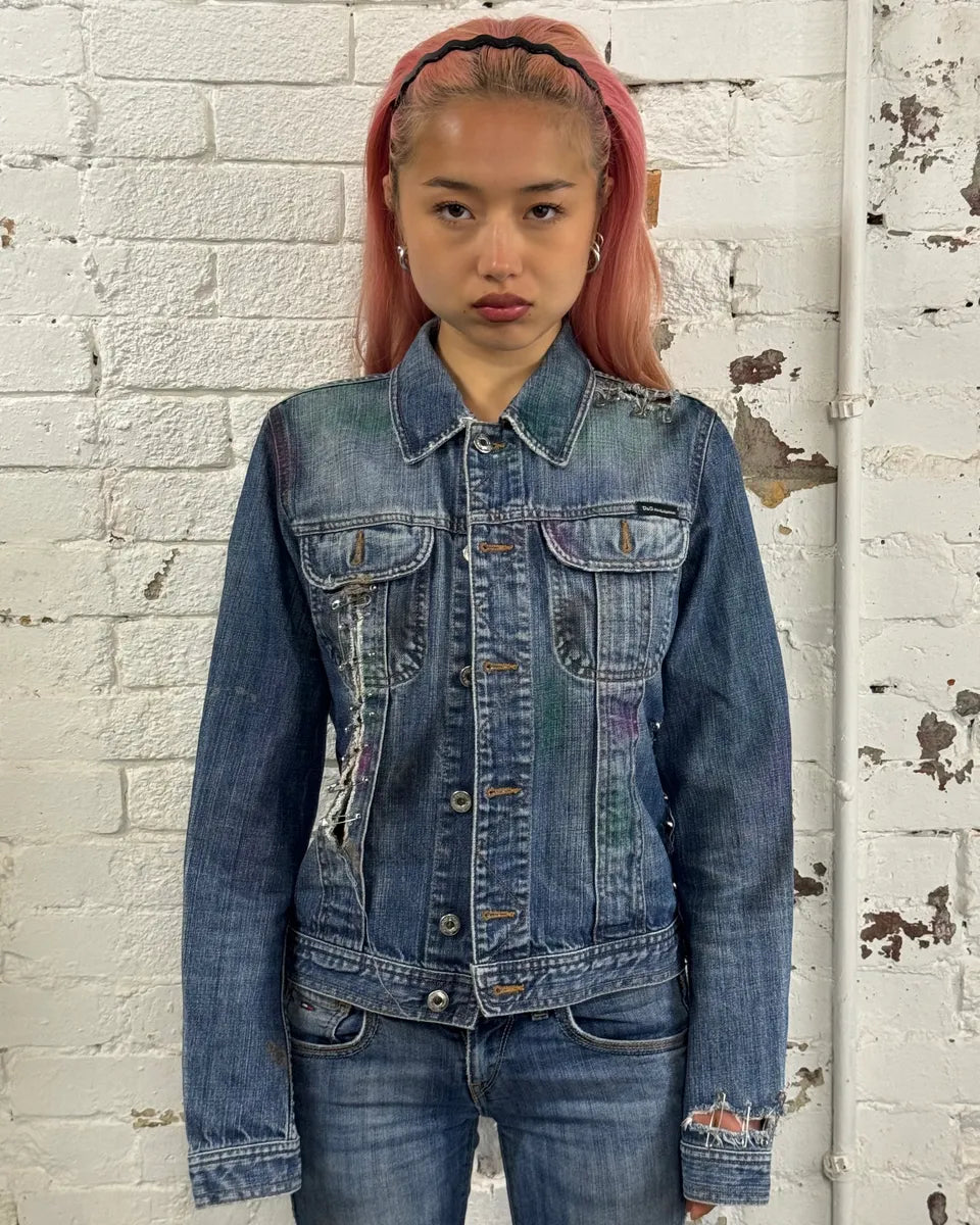 2000s Dolce & Gabbana Safety Pin Blue Denim Jacket NEjjNsx 1