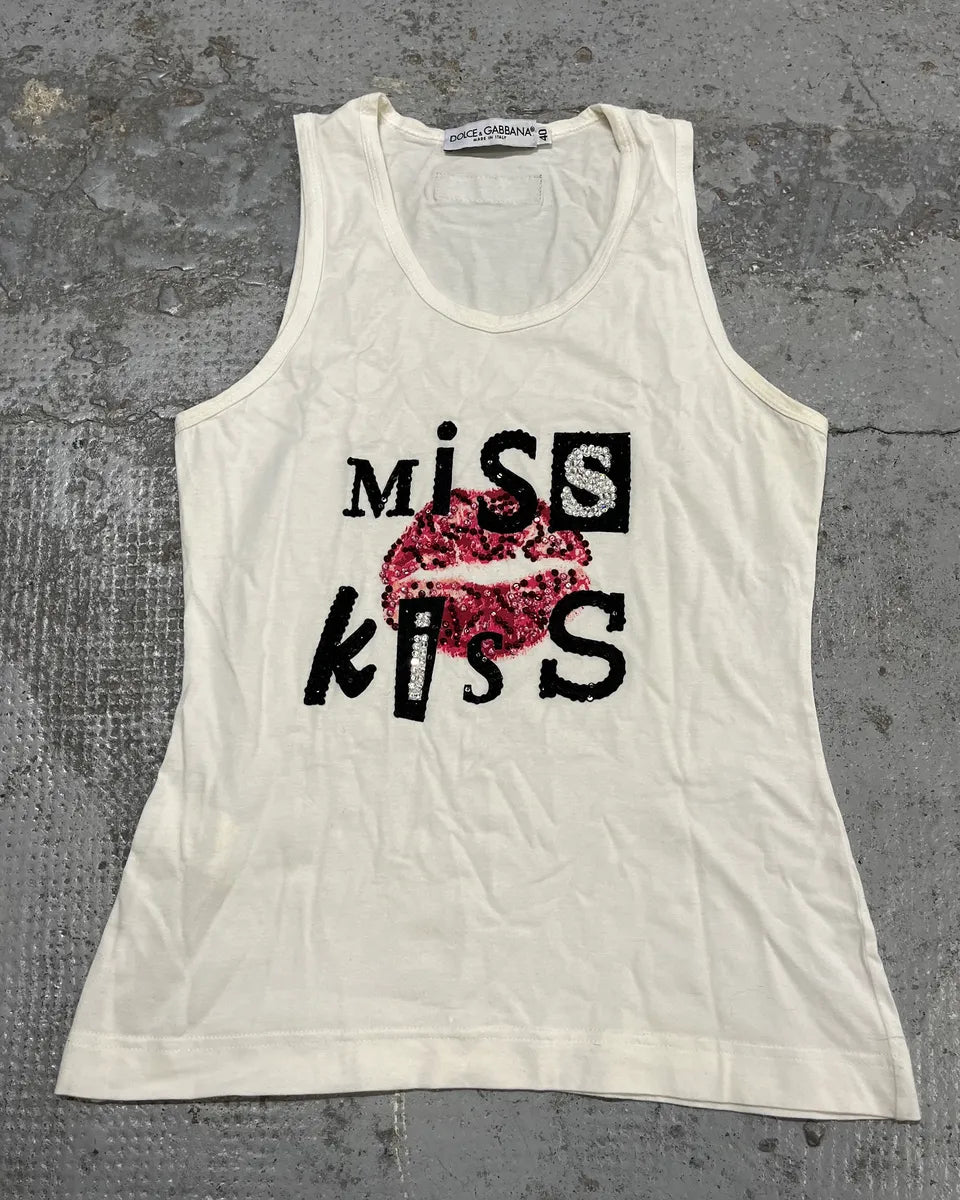 2000s Dolce & Gabbana Sequin Embellished Miss Kiss White Tank Top WMpJhEa 0