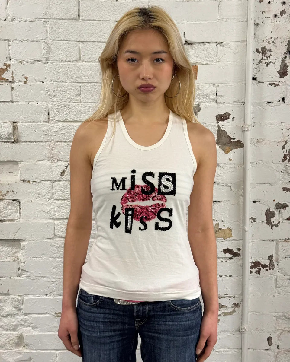 2000s Dolce & Gabbana Sequin Embellished Miss Kiss White Tank Top WMpJhEa 1