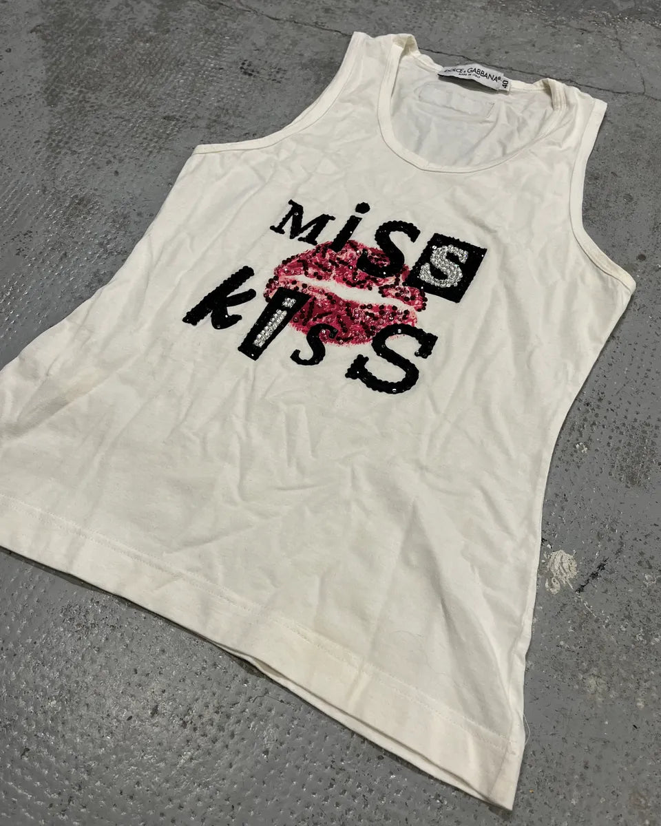 2000s Dolce & Gabbana Sequin Embellished Miss Kiss White Tank Top WMpJhEa 3