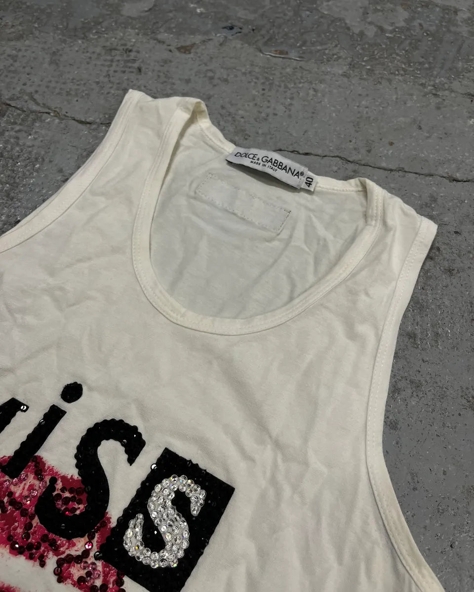 2000s Dolce & Gabbana Sequin Embellished Miss Kiss White Tank Top WMpJhEa 4