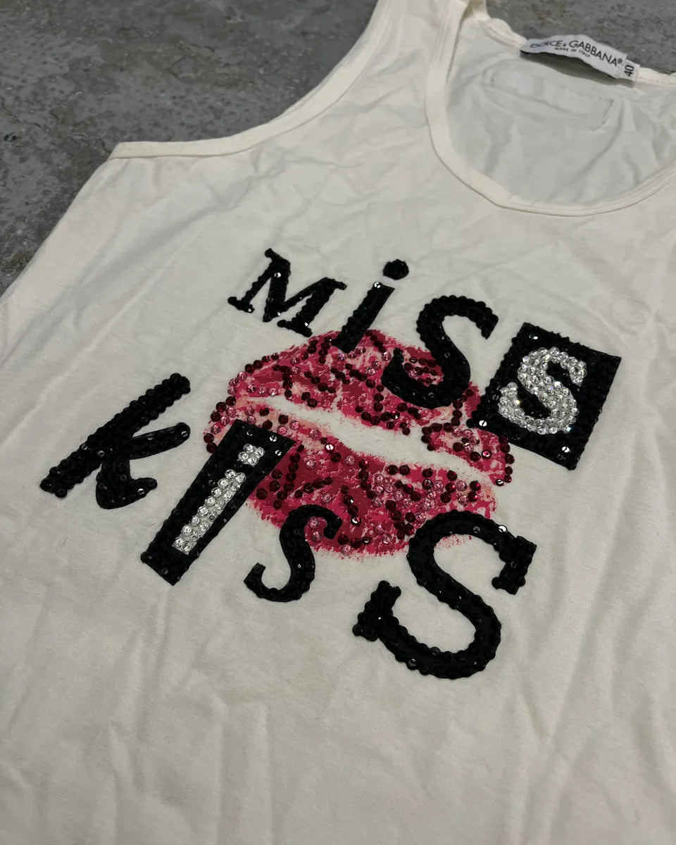 2000s Dolce & Gabbana Sequin Embellished Miss Kiss White Tank Top WMpJhEa 5