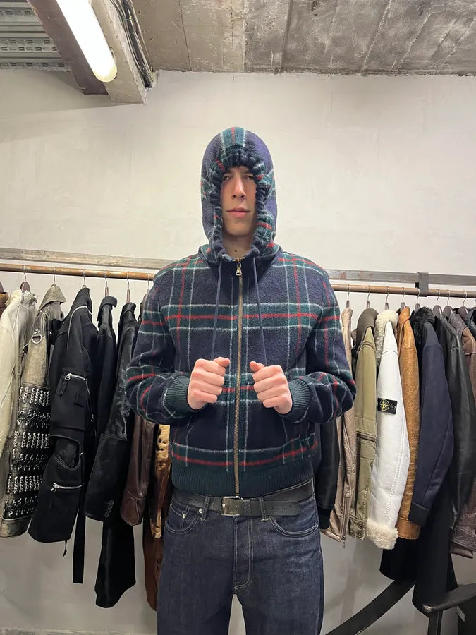 2000s Dolce & Gabbana Shearling Zip-up Tartan Wool Sweater Jacke (M) 1