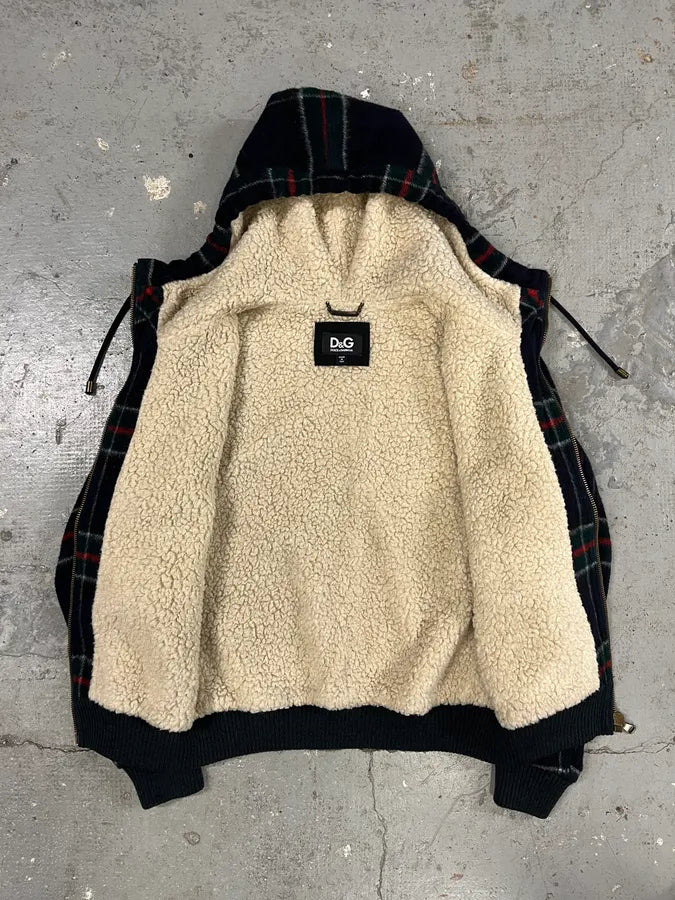 2000s Dolce & Gabbana Shearling Zip-up Tartan Wool Sweater Jacket (M) 2