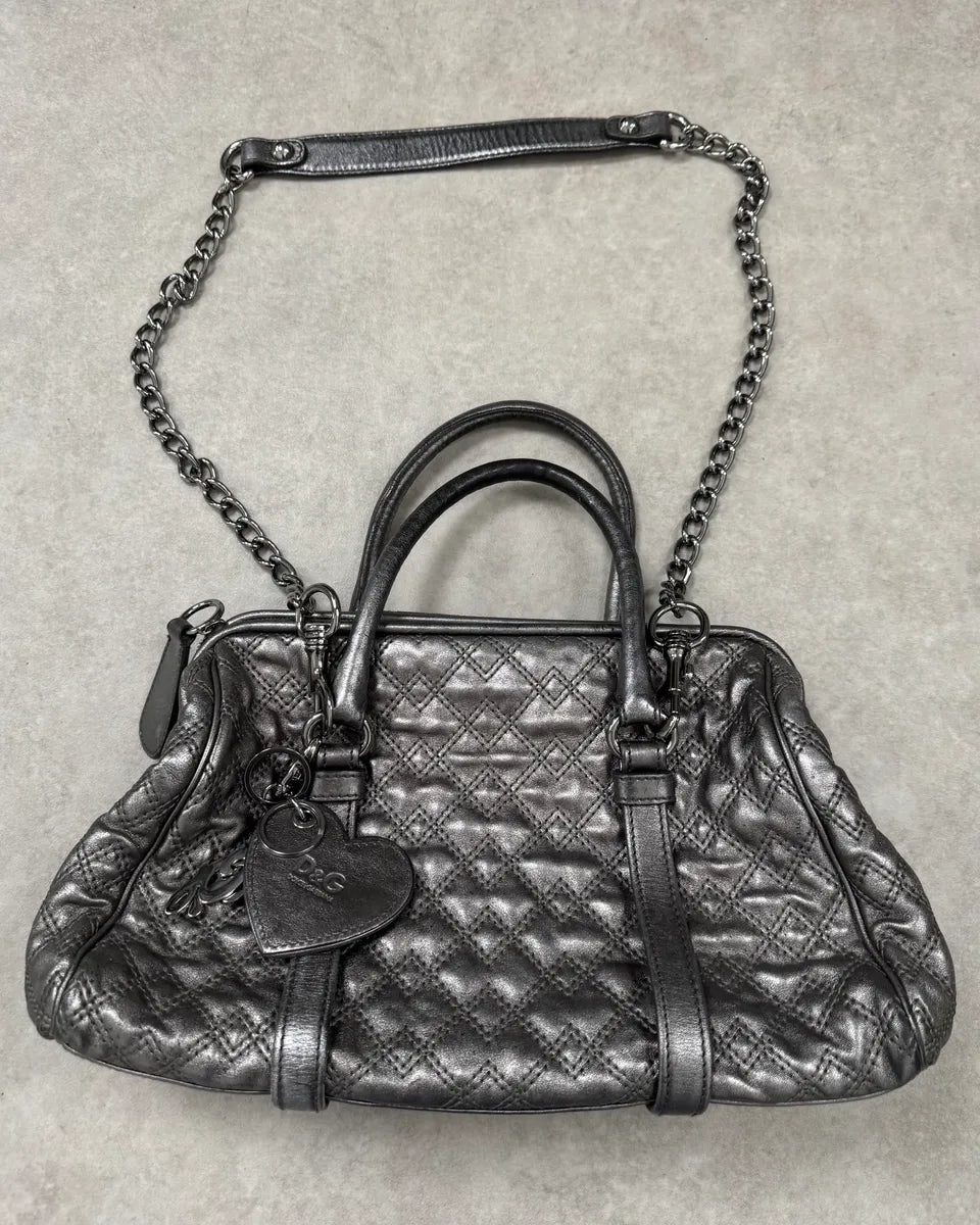 2000s Dolce & Gabbana Silver Leather Quilted Handle Bag HHfeiRZ 0