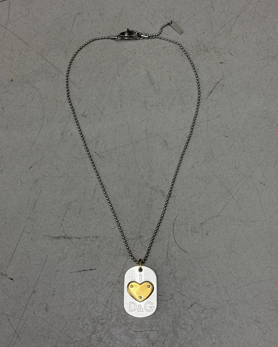 2000s Dolce & Gabbana Silver Steel Golden Heart Dog Tag Necklace XlklAFU 0