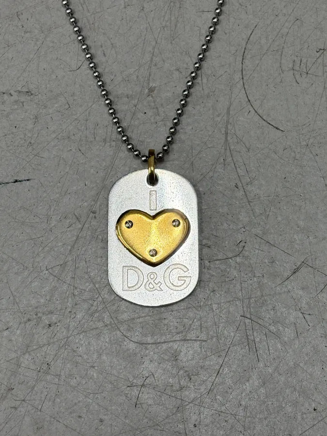 2000s Dolce & Gabbana Silver Steel Golden Heart Dog Tag Necklace XlklAFU 3
