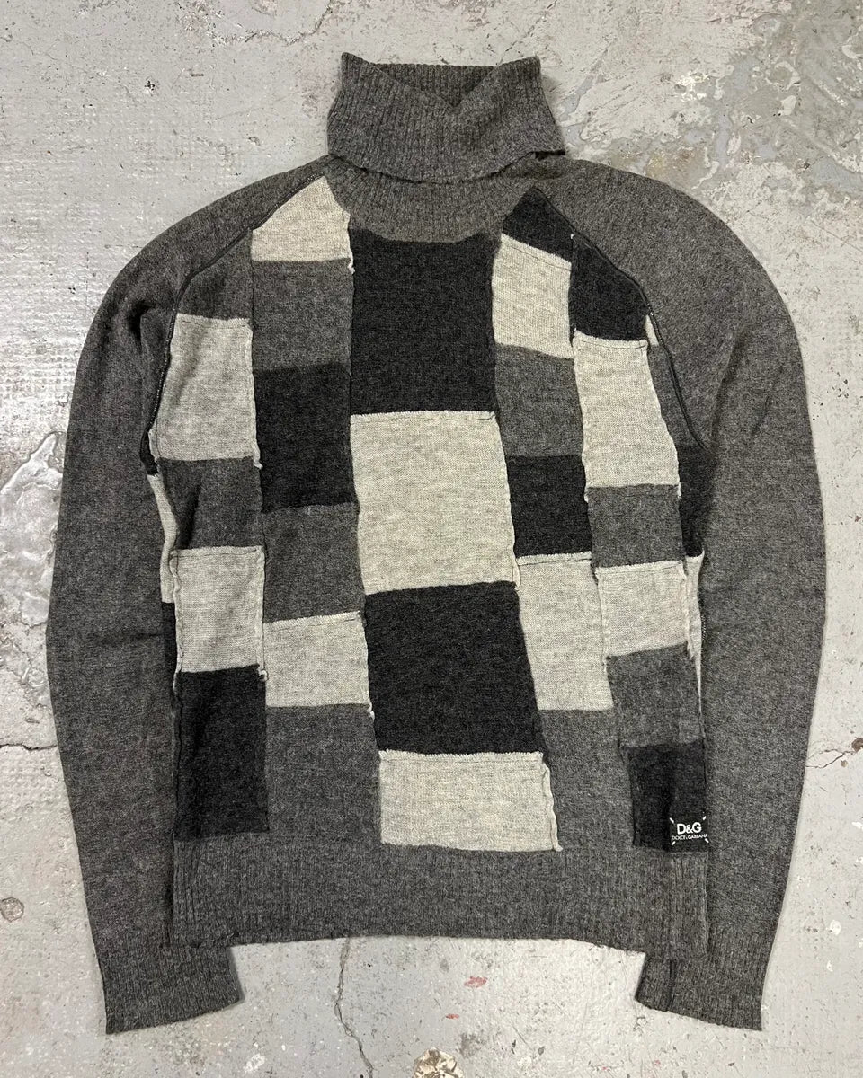 2000s Dolce & Gabbana Square Patchwork Grey Wool Turtleneck Sweater (S) 0
