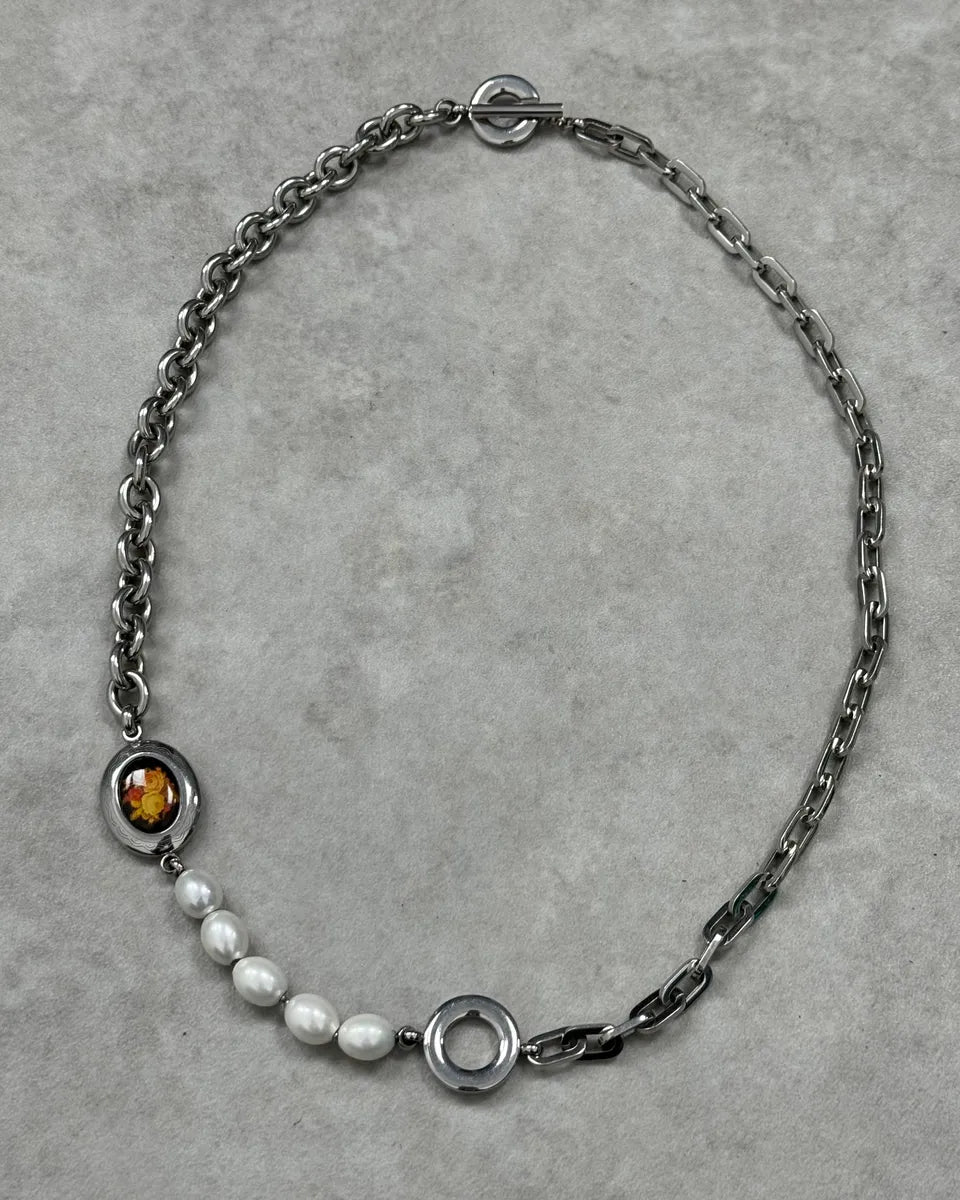 2000s Dolce & Gabbana Stainless Steel Oval Charm White Pearl & Chain Necklace fEhEyjU 0