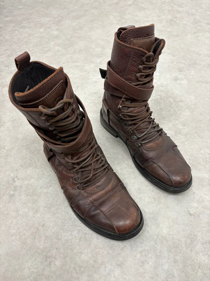 2000s Dolce & Gabbana Straps Brown Leather Boots pSwUoqy 3