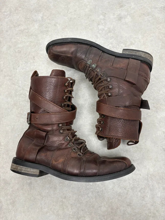 2000s Dolce & Gabbana Straps Brown Leather Boots pSwUoqy 5