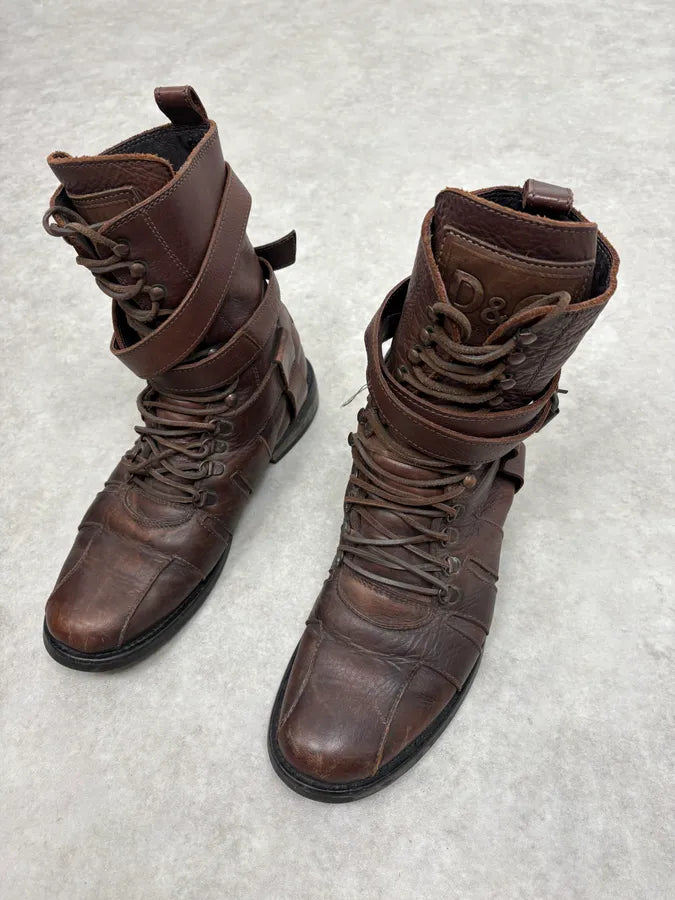 2000s Dolce & Gabbana Straps Brown Leather Boots pSwUoqy 2
