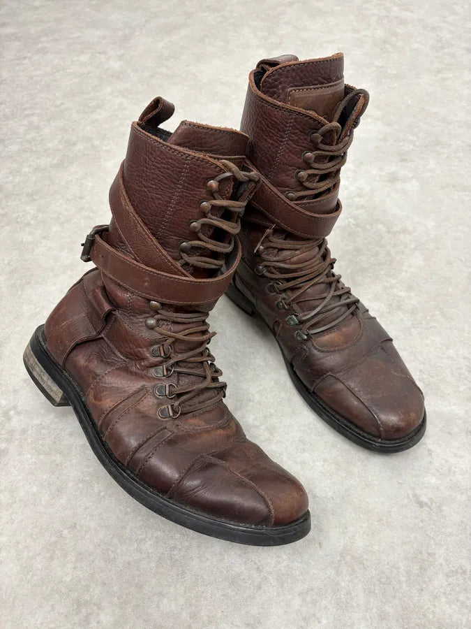 2000s Dolce & Gabbana Straps Brown Leather Boots pSwUoqy 4