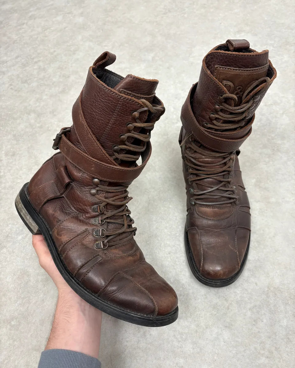 2000s Dolce & Gabbana Straps Brown Leather Boots pSwUoqy 0